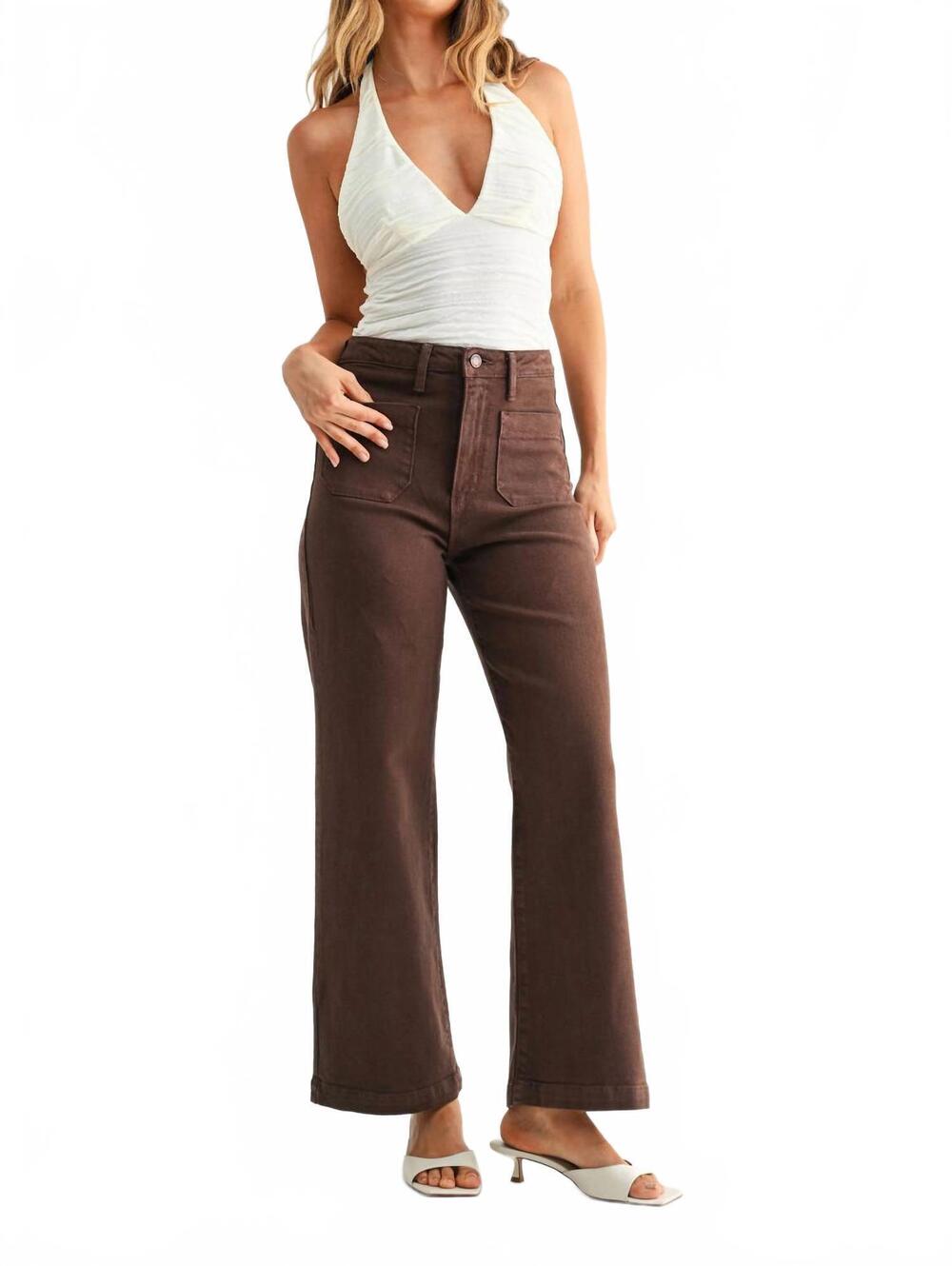 NEW JUST BLACK DENIM patch pocket wide leg pants in dark brown